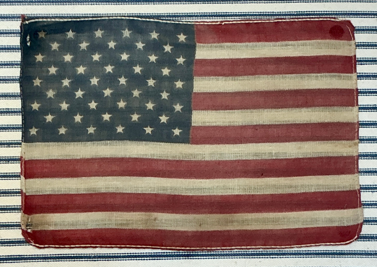Vintage 50 Star American Flag on White and Blue Stripes in Gold Wood Frame