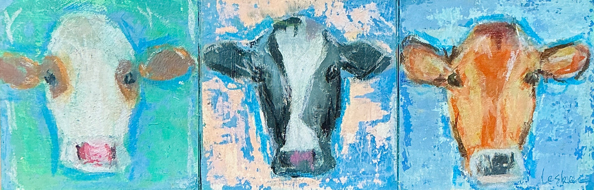 Carol Lesher Cow Trio 3 Portrait Oil Painting in Wood Frame