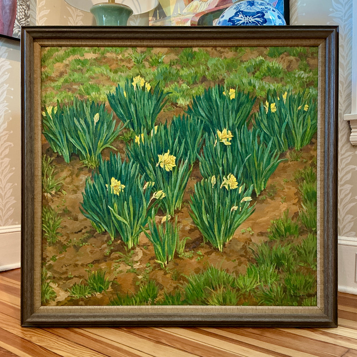 Franz de Merlier Daffodils Landscape Oil Painting in Wood Frame
