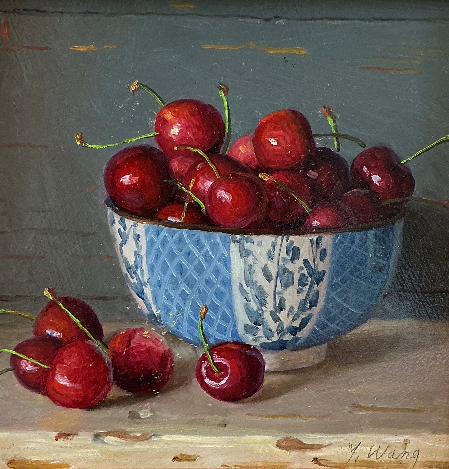 Youqing Wang Cherries In Bowl Still Life Oil Painting in Wood Frame