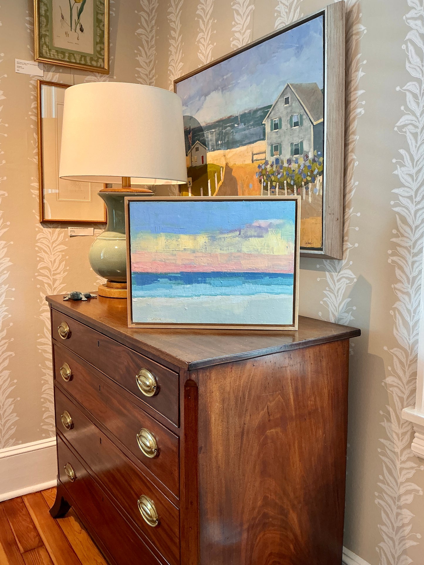 Carol Lesher Colored Mist Coastal Landscape Oil Painting in Natural Wood Frame