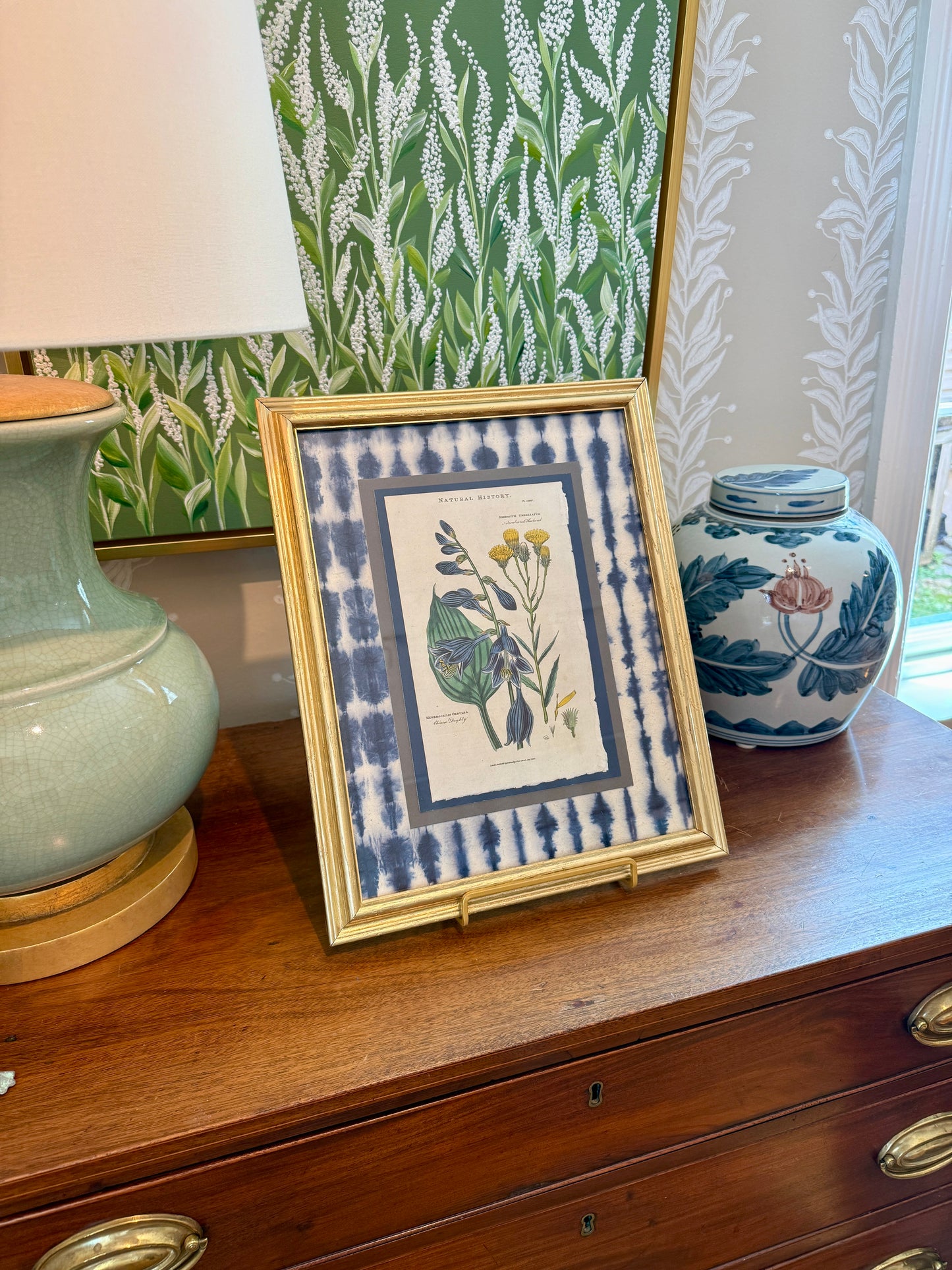 Antique Hand Colored Botanical Engraving on Navy Shibori Hand Made Paper in Gold Frame