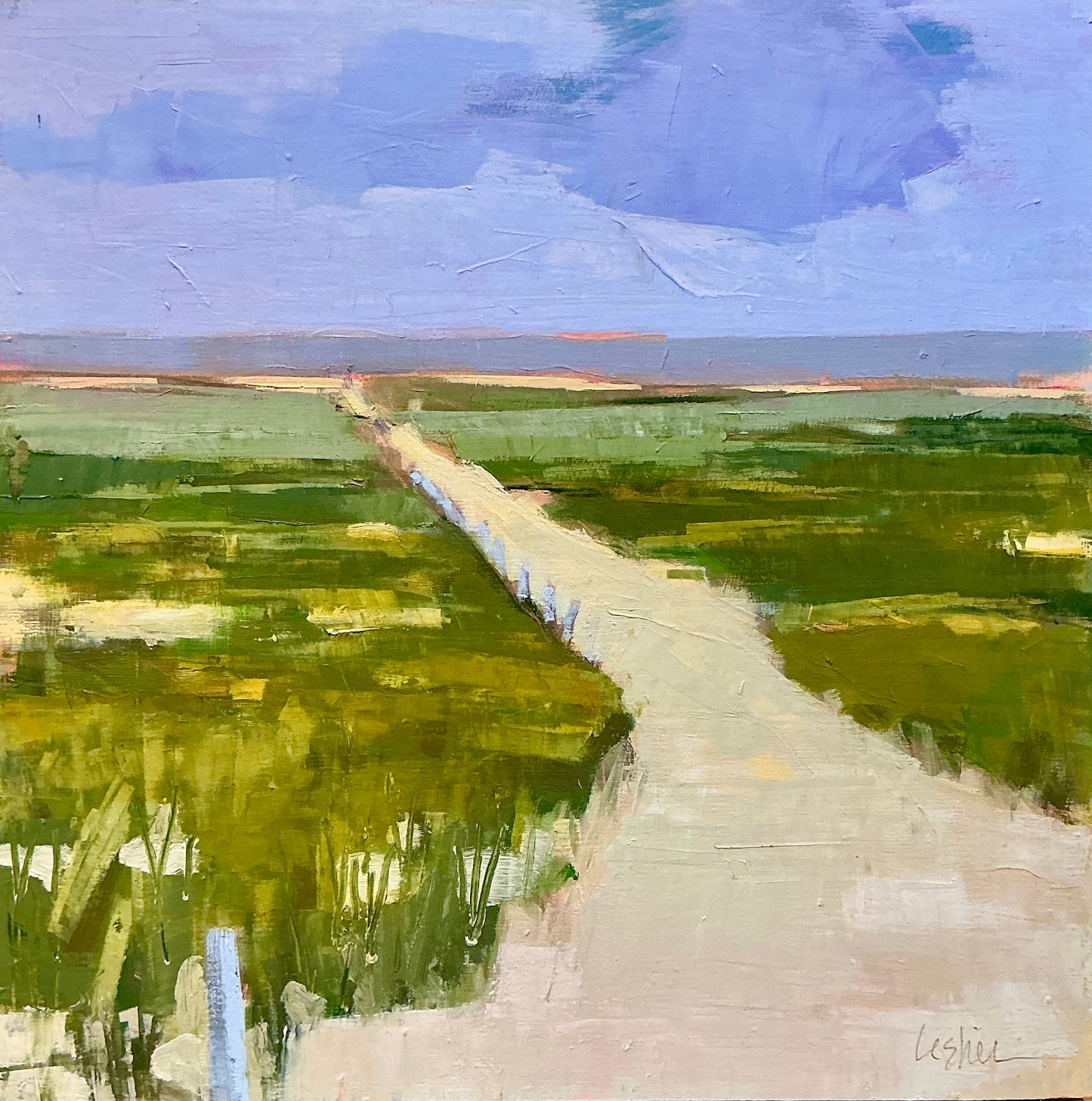 Carol Lesher Into The Wind Coastal Landscape Oil Painting in Natural Wood Frame