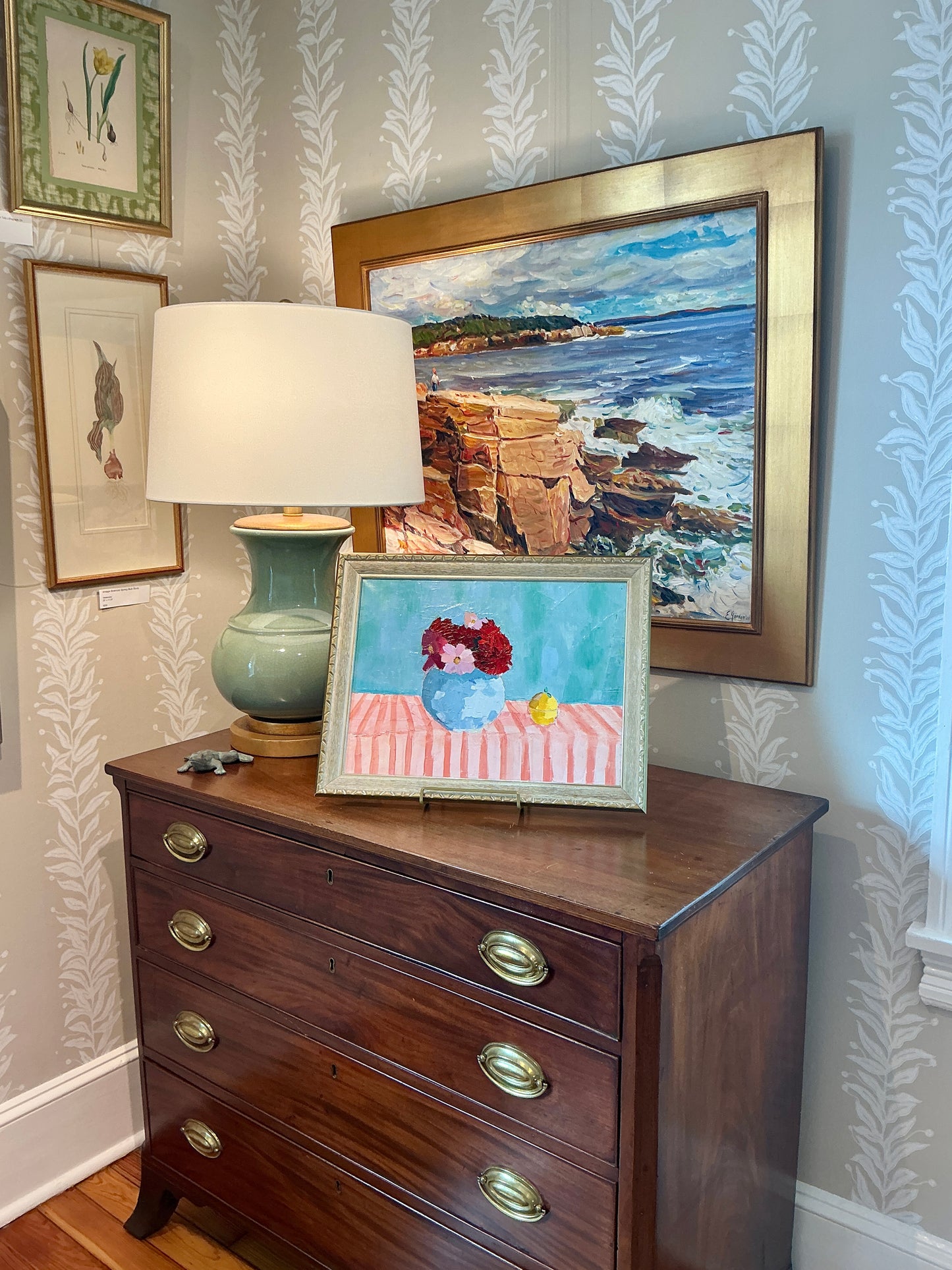 Gretchen McGinnis Bowl Of Peonies In May Still Life Oil Painting in Carved Wood Frame