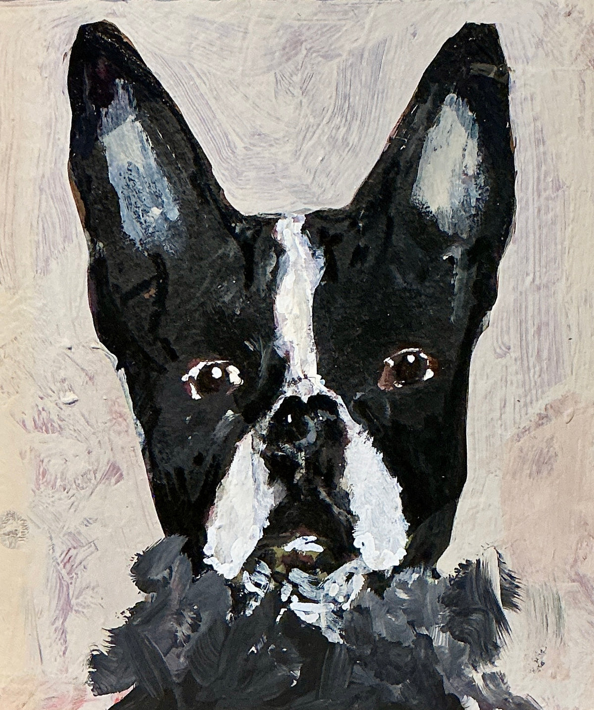 Boston Terrier Dog Portrait Oil Painting in Wavy Gold Frame