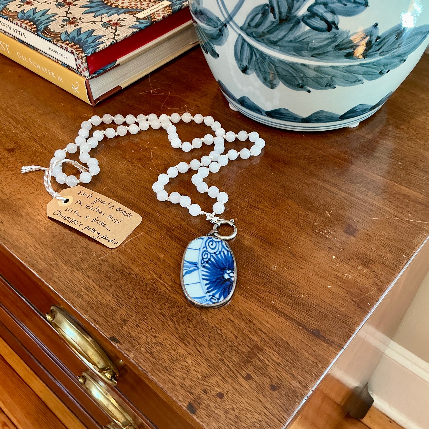 Chinoiserie Pottery Pendant White Quartz Beaded Hand Knotted Necklace
