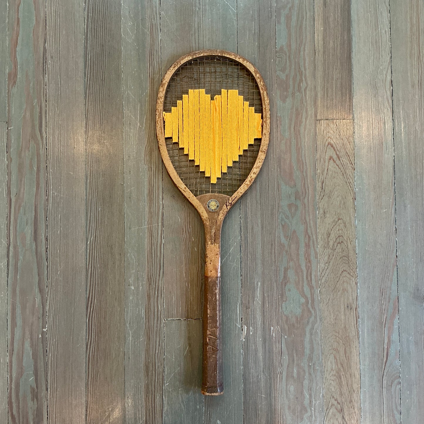 Vintage Embroidered Orange Heart Tennis Racket