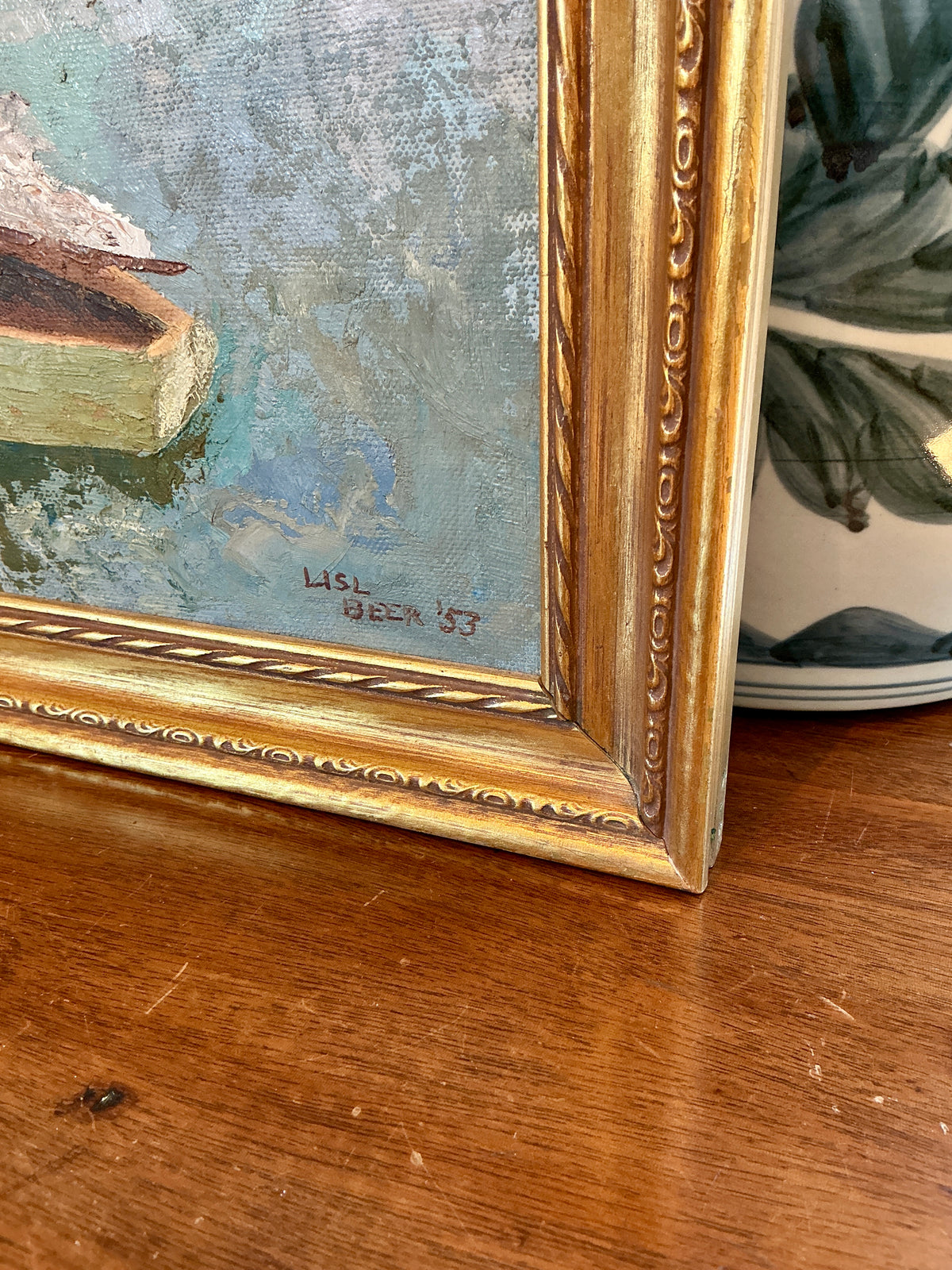 Lisl Beer 1953 Coastal Landscape with Boats Oil Painting in Gold Frame