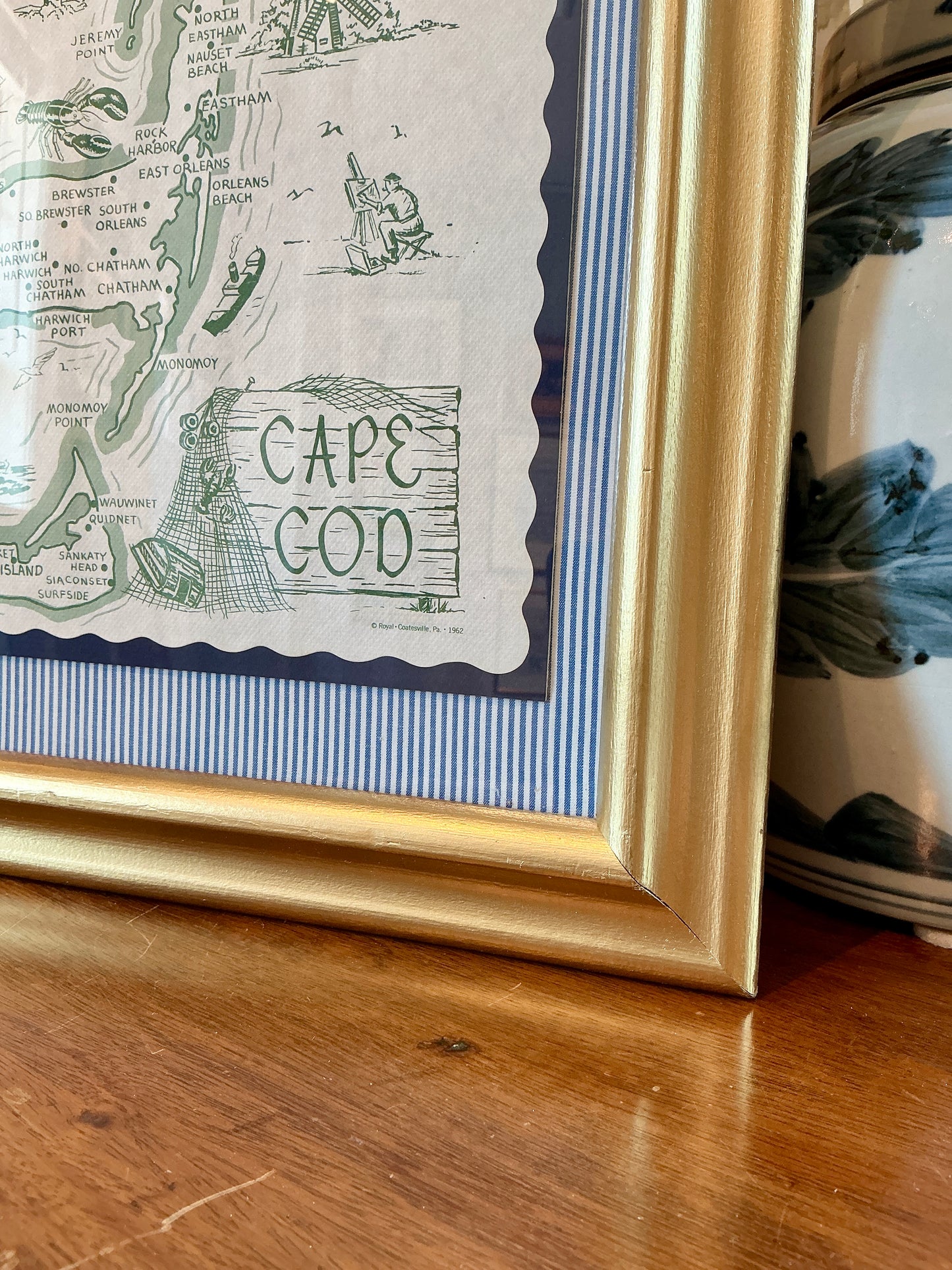 1962 Vintage Cape Cod Nantucket Martha's Vineyard Placemat Map on Blue Ticking Stripes in Gold Frame