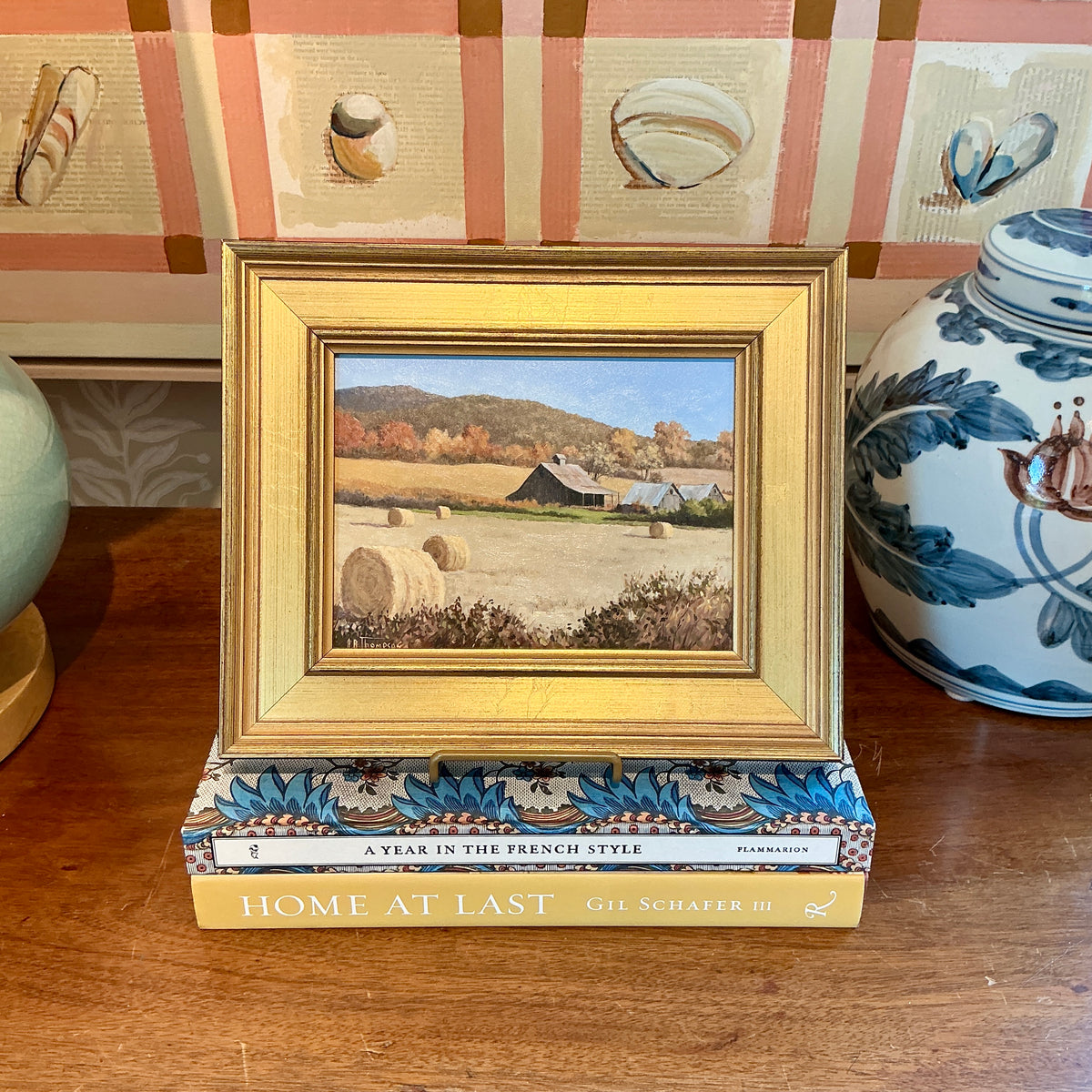 Anthony R. Thompson Old Farm With Hay Rolls Landscape Oil Painting in Gold Frame