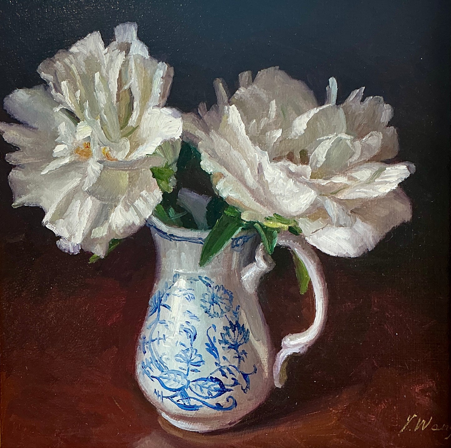 Youqing Wang Peonies in White and Blue Pitcher Floral Still Life Oil Painting in Gold Bamboo Frame