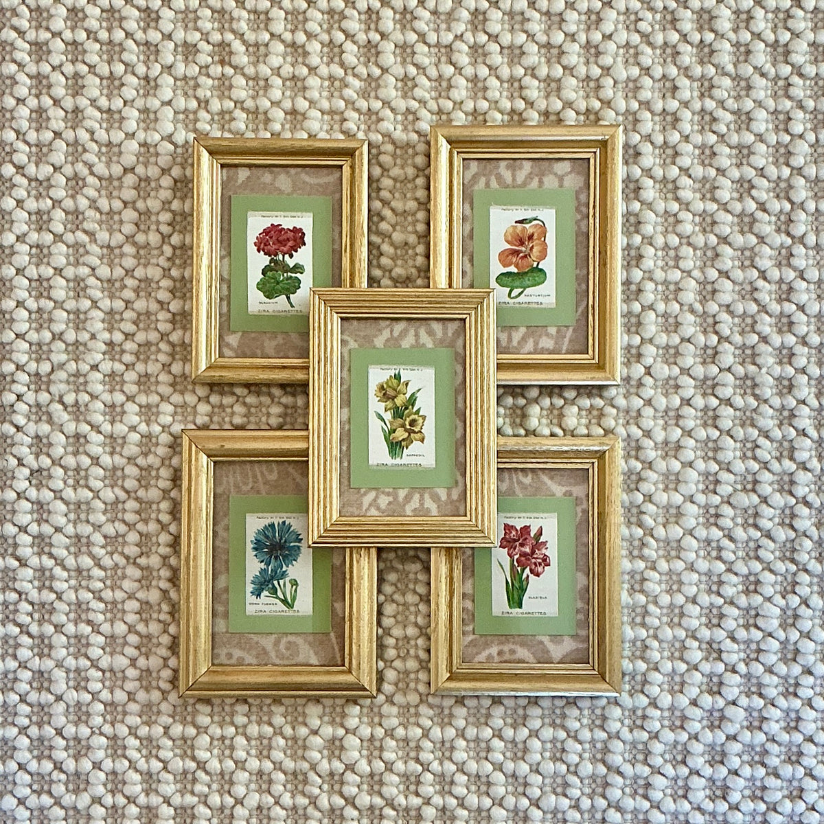 Set of Five Antique Floral Silks on Neutral Thibaut Fabric in Gold Frames