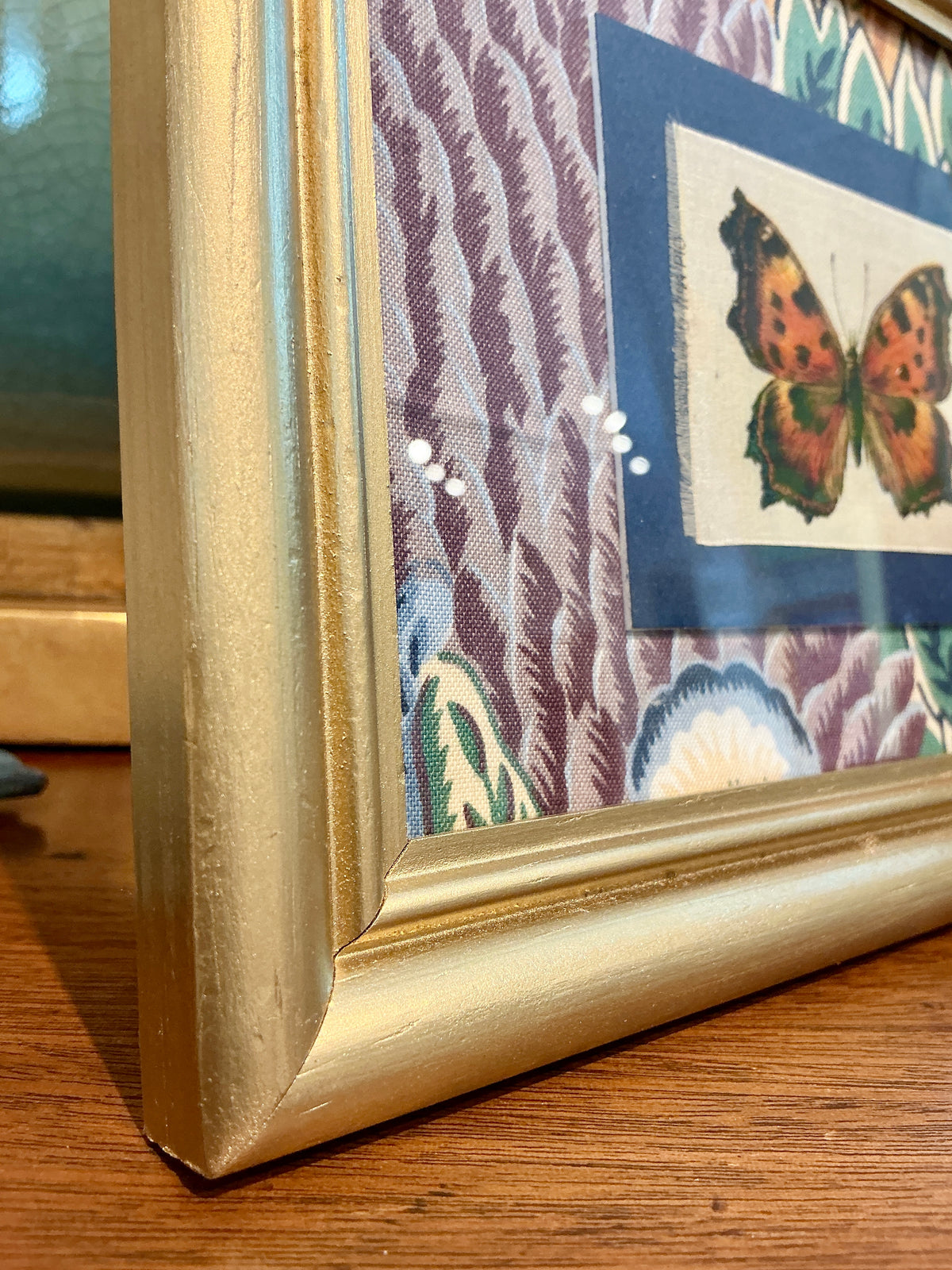 Set of Three Antique Butterfly Silks on Vintage Floral Fabric in Gold Frames