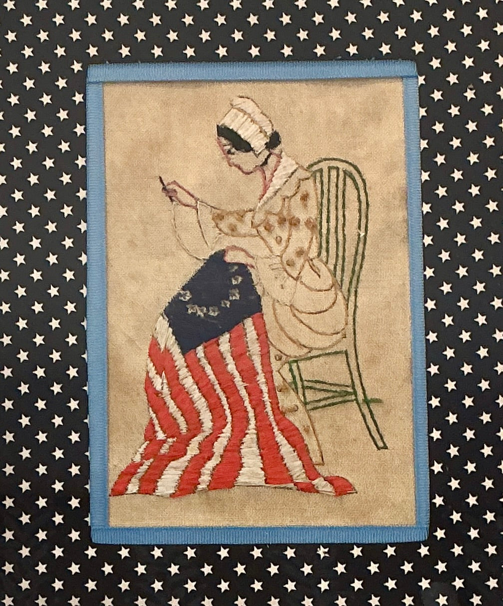 Vintage Betsy Ross Embroidery in Navy and White Stars in Gold Frame