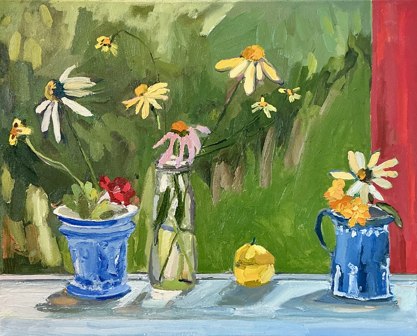 Gretchen McGinnis On The Window Sill Oil Painting in Gold Floater Frame