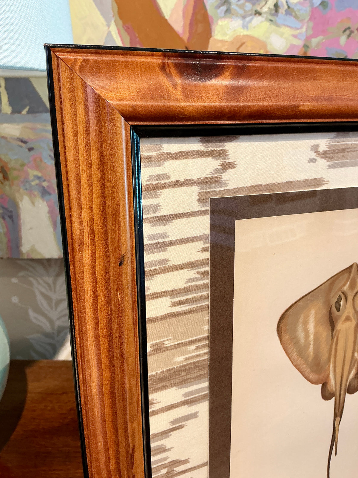 19th Century Hand Colored Sting Ray Lithograph on Neutral Ikat Fabric in Wood Frame