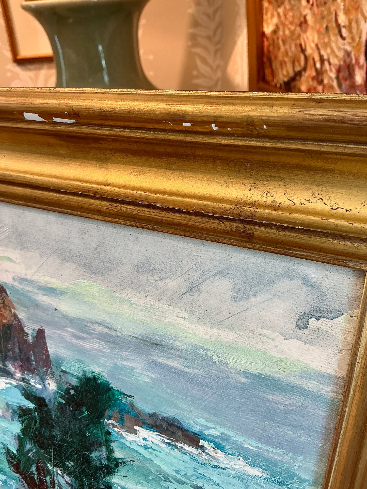 Blessing "Betty" LeMohn Buckthorne Cove Mendocino, CA Cliffside Landscape Oil Painting in Gold Frame