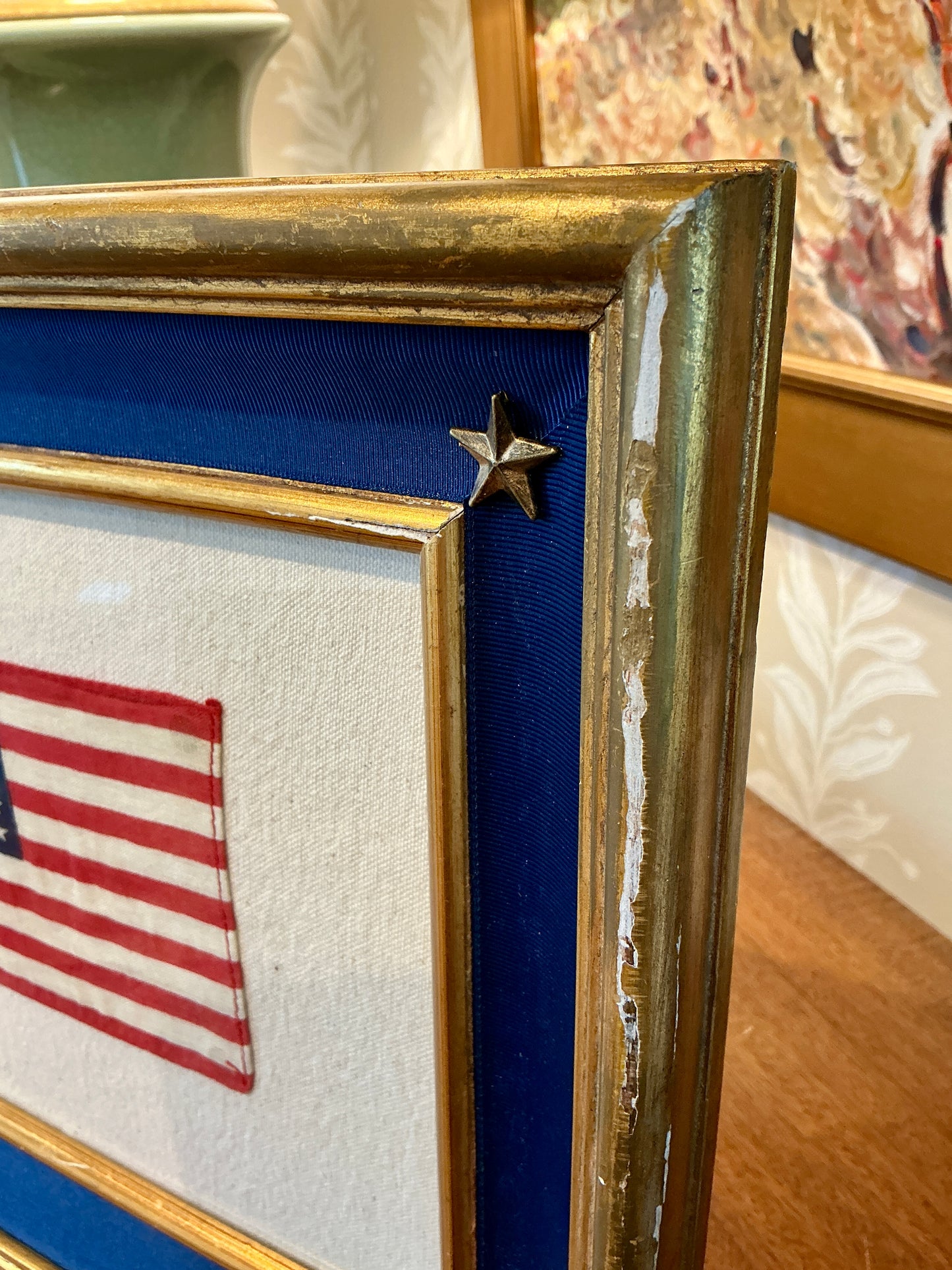 Vintage 48 Star American Flag on Ivory Duck Cloth with Blue Ribbon and Star Rivets in Gold Frame