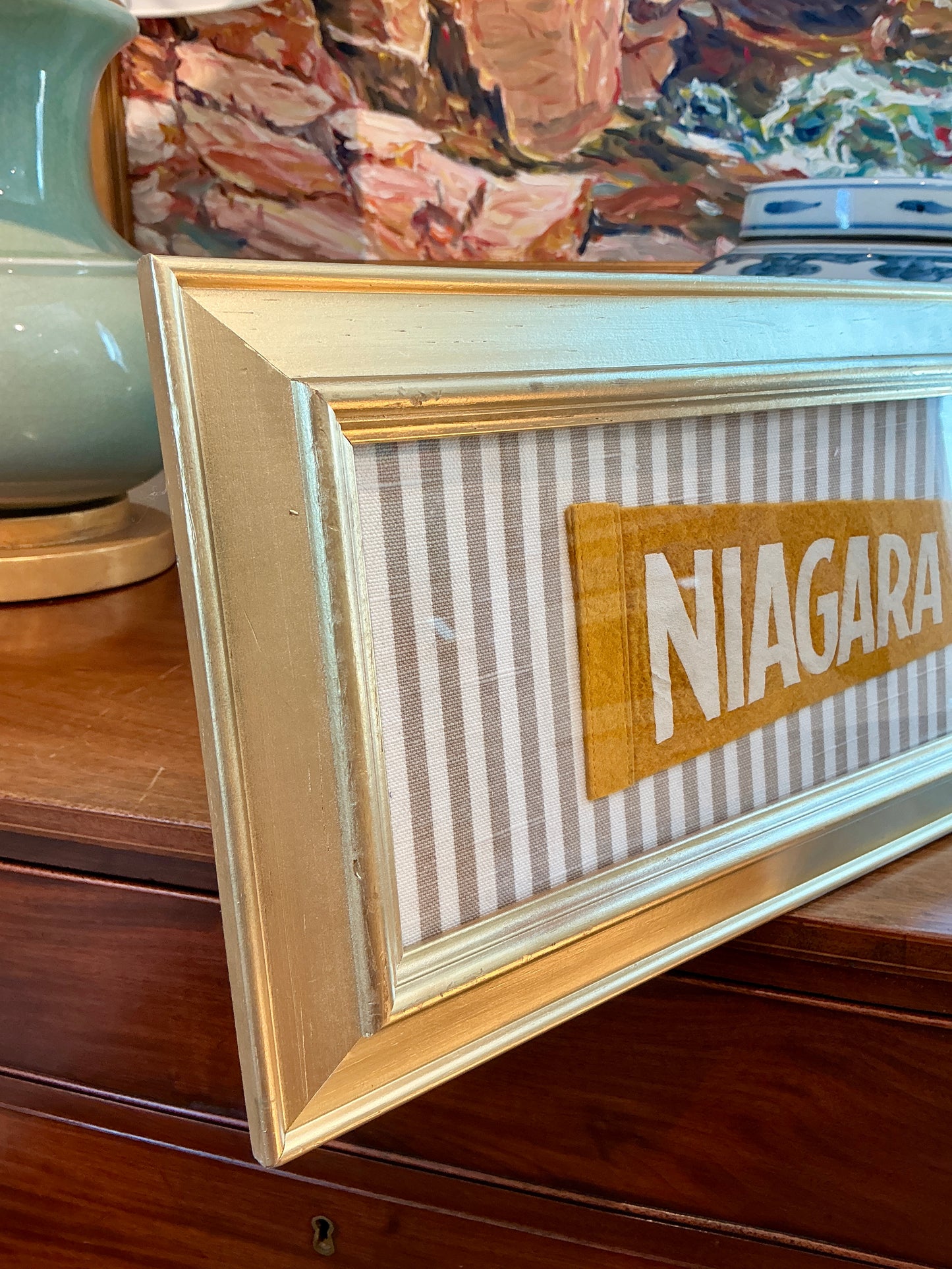 Vintage Niagara Falls Pennant on Taupe Stripes in Gold Frame