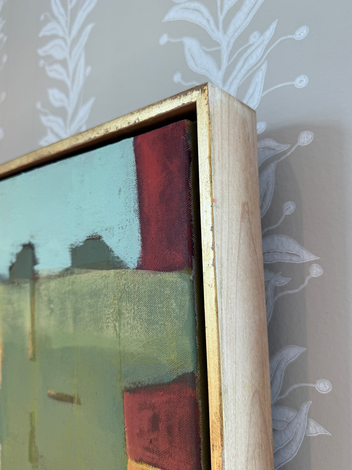 Carol Lesher Shelter Landscape Oil Painting in Natural Wood Floater Frame with Gold Facing