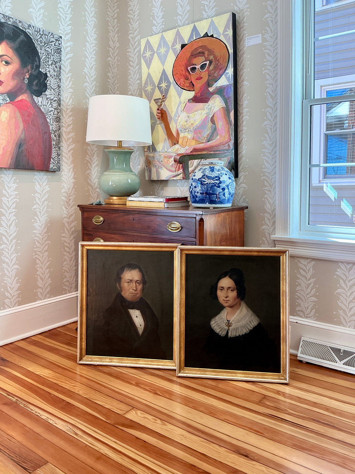 Pair of Carl Philipp Schwab 19th Century Gentleman and a Lady Biedermeier Couple Portrait Oil Paintings in Gilded Frames