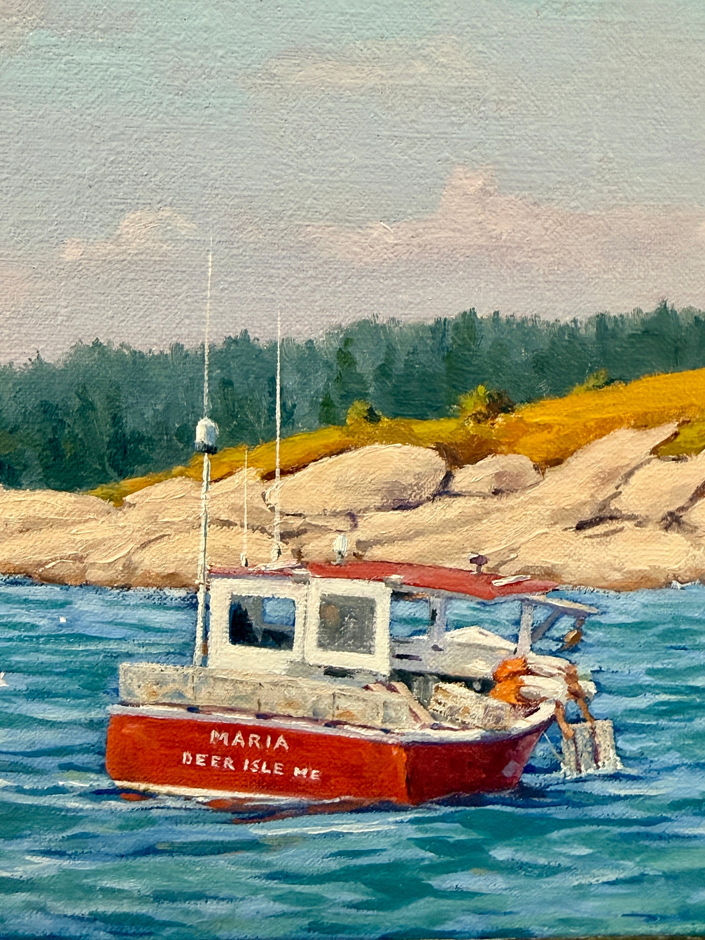 Anthony R. Thompson Deer Isle Lighthouse Lobster Boat Coastal Landscape Oil Painting in Gold Frame