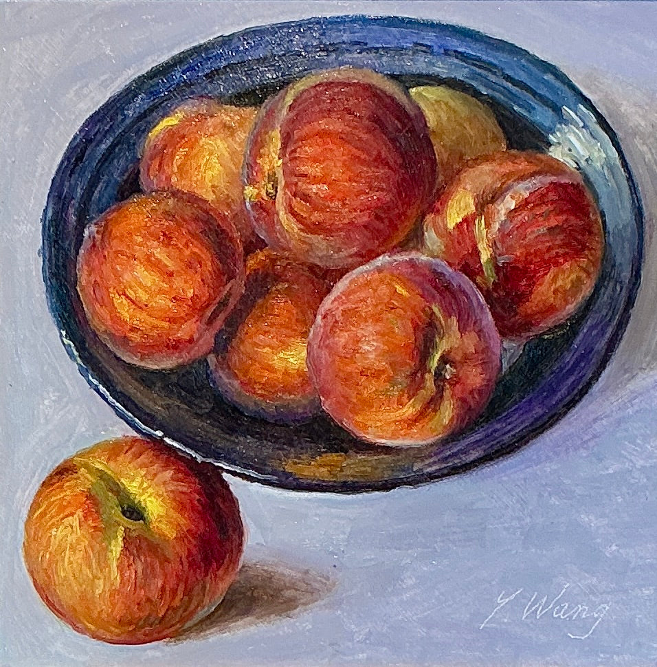 Youqing Wang Peaches in a Blue Bowl Still Life Oil Painting in Gold Frame