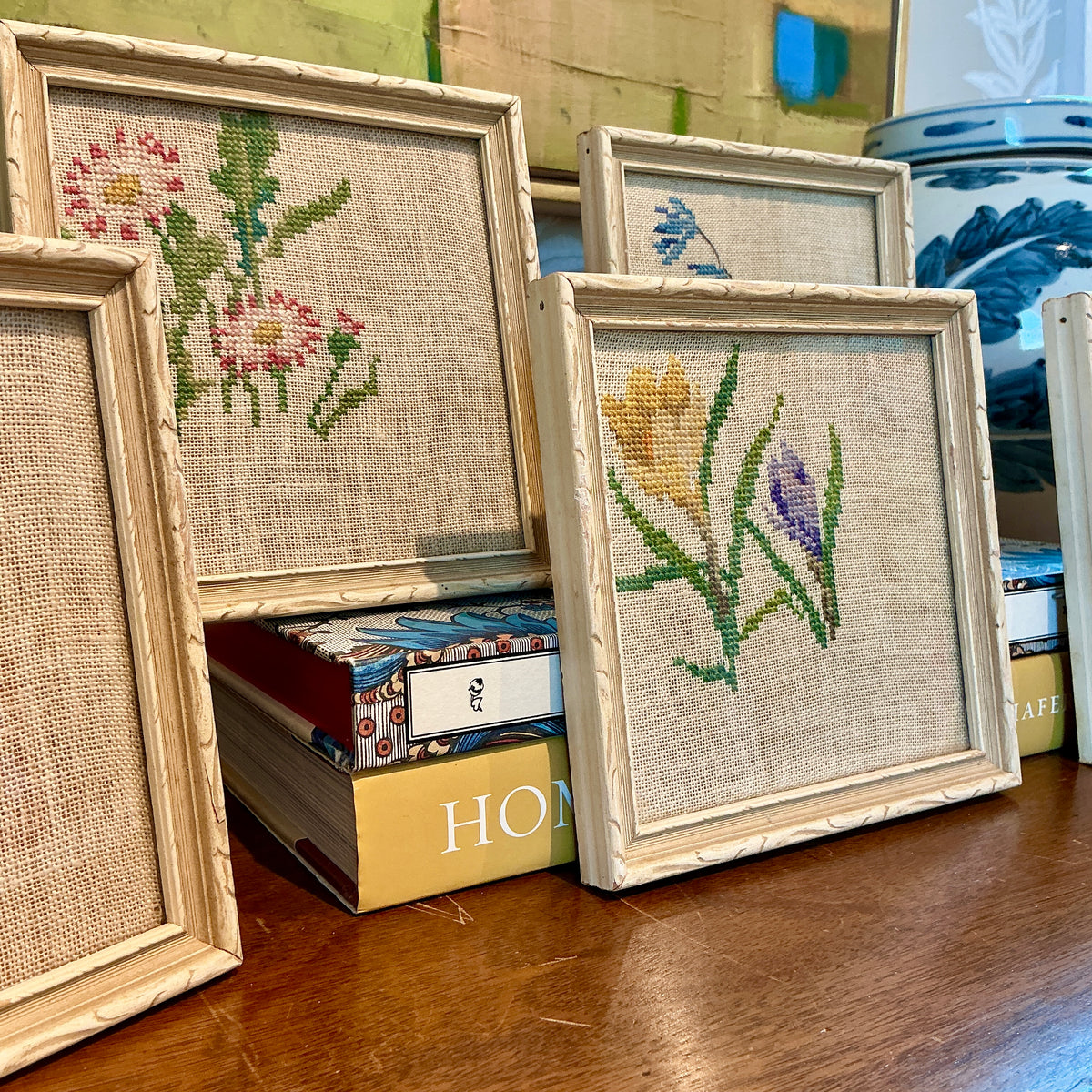 Set of Six Early 20th Century Floral Needlepoints in Carved Wood Frames