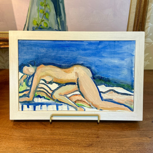Gretchen McGinnis Summer Stripes in Blue Nude Portrait Oil Painting in White Wood Frame