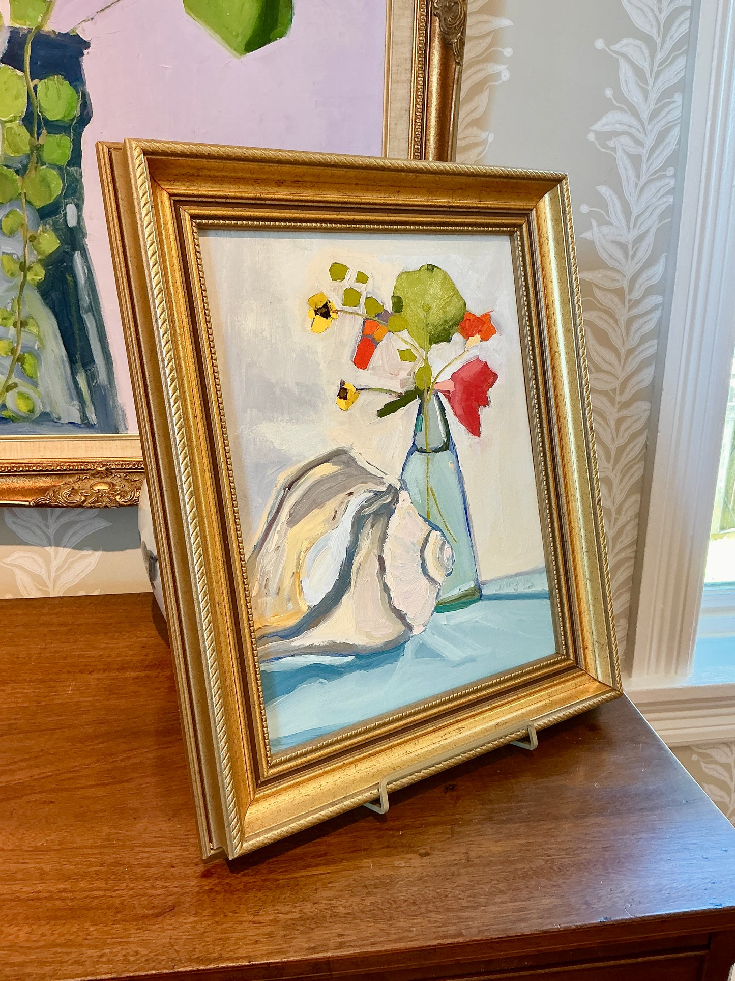 Gretchen McGinnis Still Summer Still Life Oil Painting in Gold Frame
