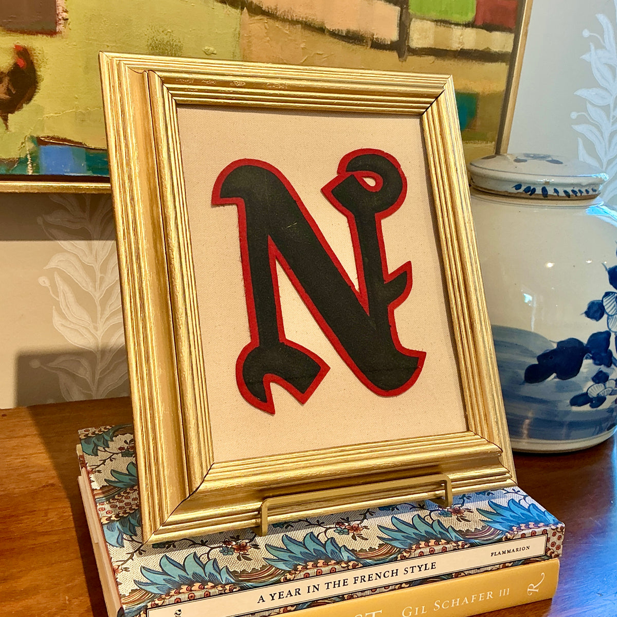 Vintage Varsity Letter Initial "N" on Ivory Duck Cloth in Gold Frame