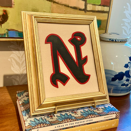 Vintage Varsity Letter Initial "N" on Ivory Duck Cloth in Gold Frame