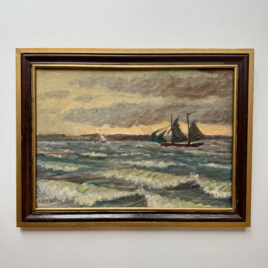 1937 Sailboats in Seascape Oil Painting in Painted Wood Frame