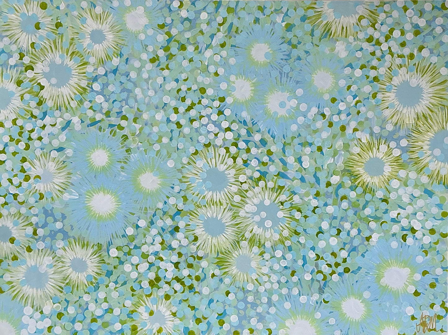 Alison Diamond McElroy Azure Retreat Floral Abstract Painting in Gold Floater Frame