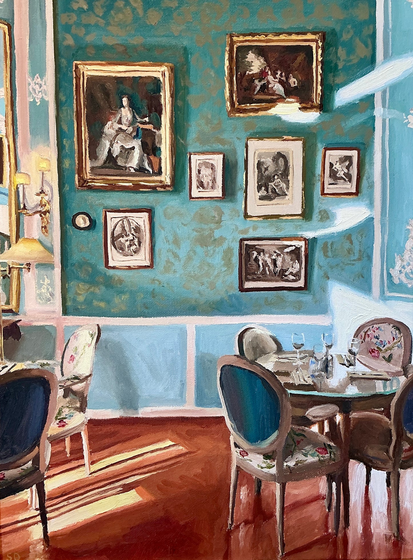 Stephanie Doucet Salon Bleu Au Soleil, Aix-en-Provence French Interior Oil Painting in Gold Frame