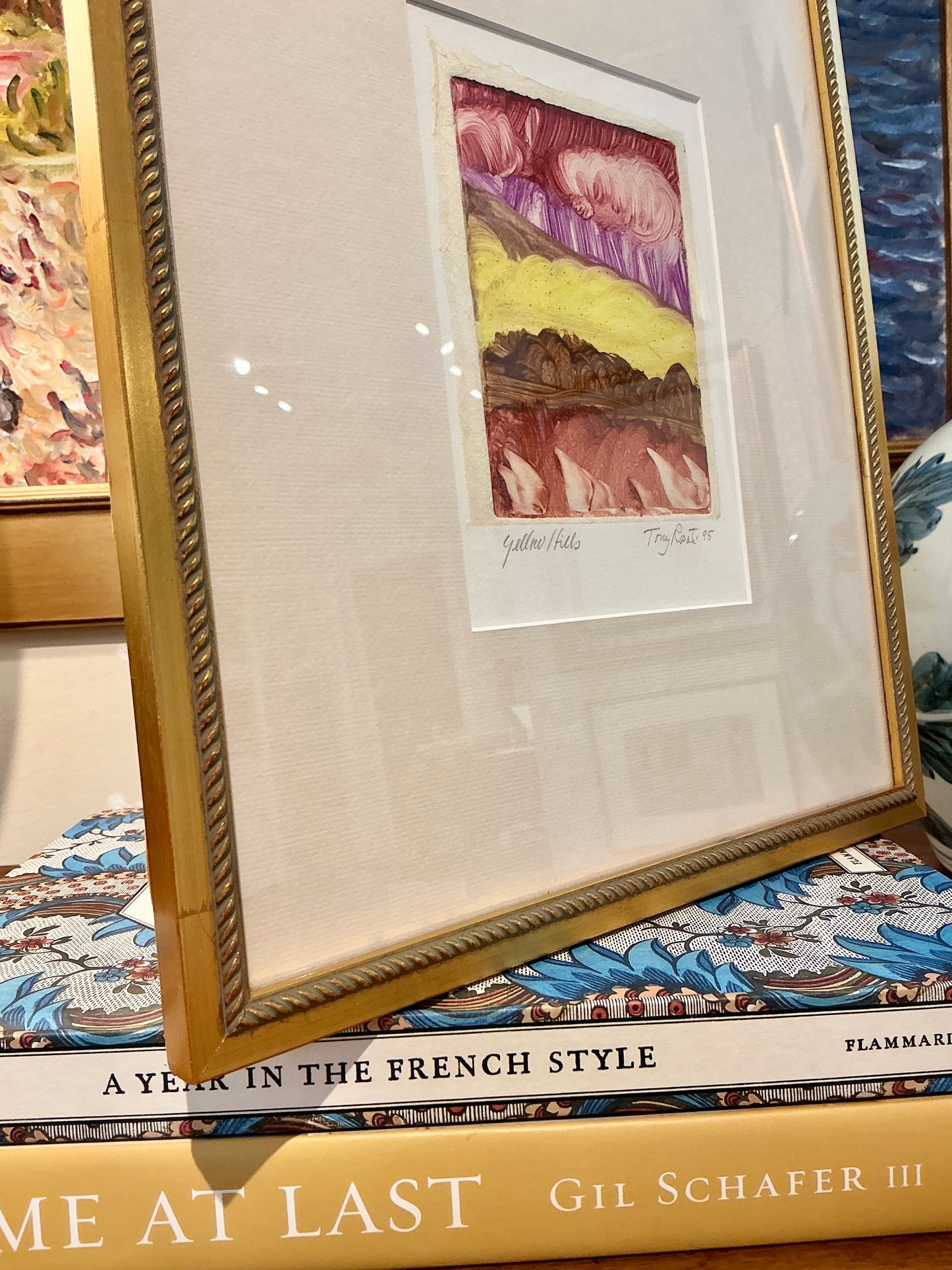 Tony Rosati Yellow Hills Landscape Monotype in Gold Frame
