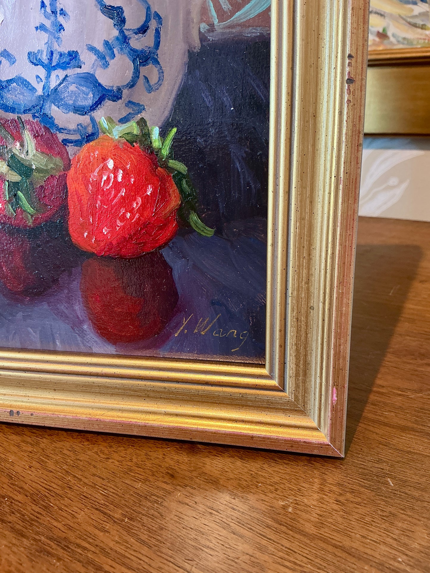 Youqing Wang Strawberries in White Bowl with Pitcher Still Life Oil Painting in Gold Frame