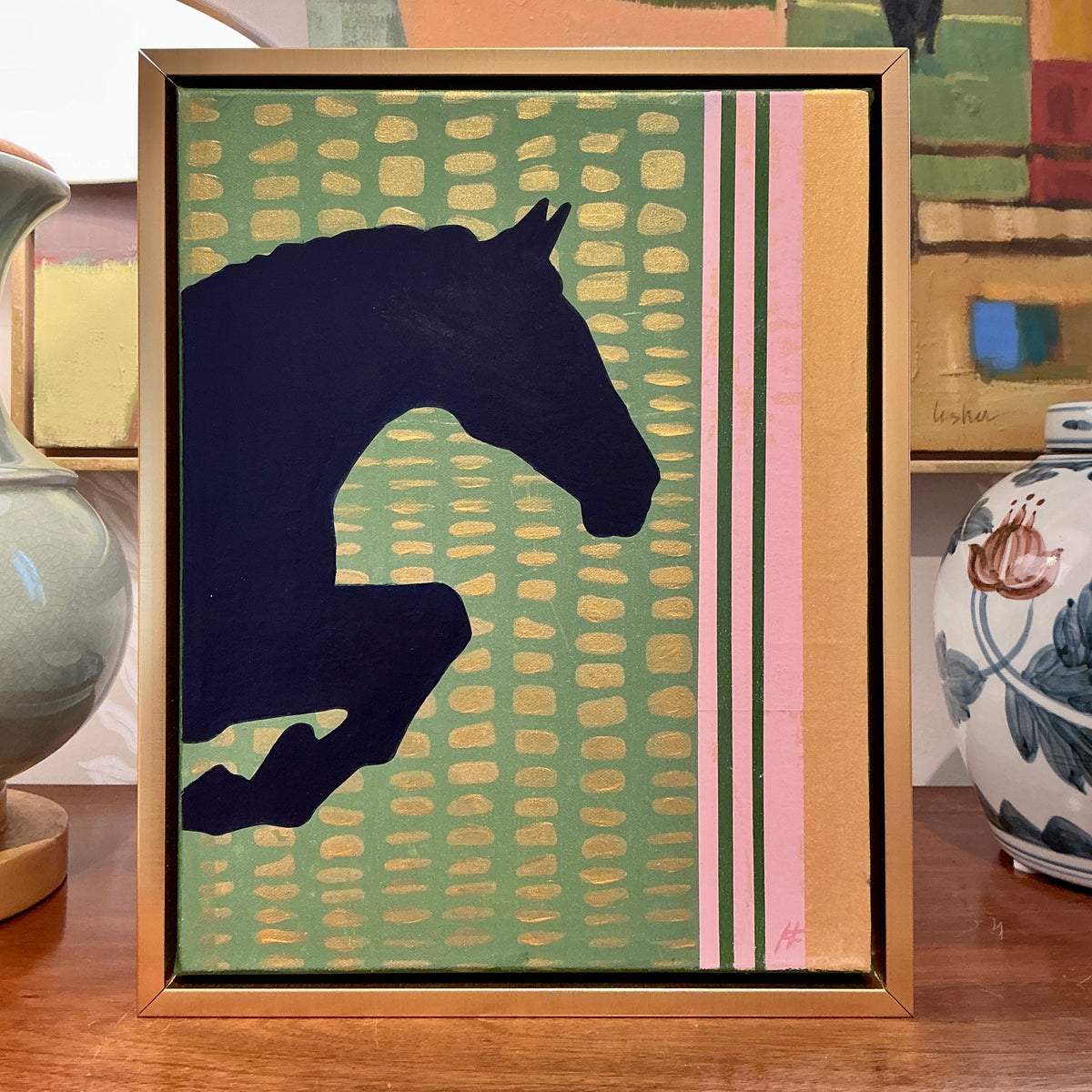 Heather Carey Off to the Races Horse Portrait Mixed Media in Gold Floater Frame