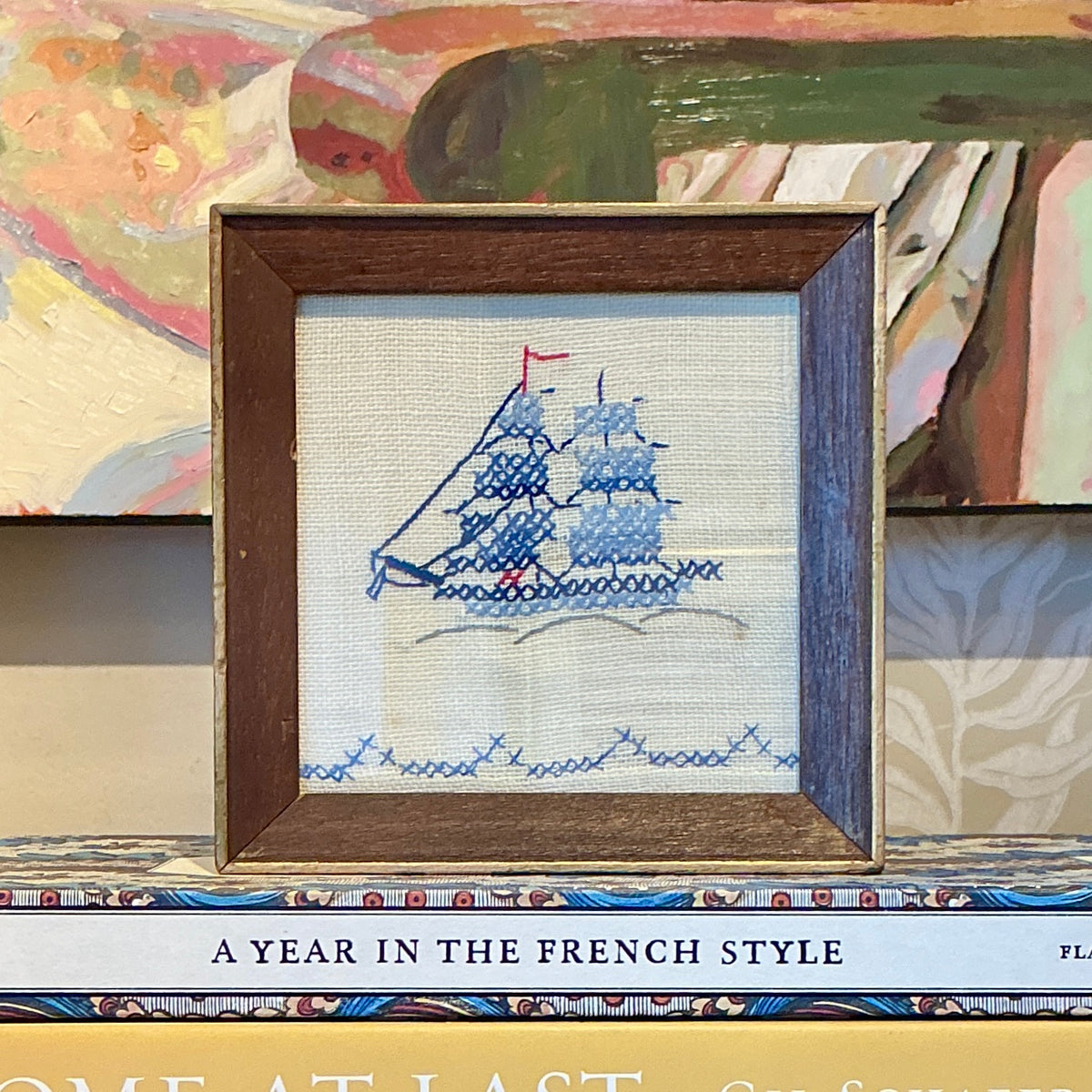 Vintage Sailboat Linen Embroidery in Wood Frame