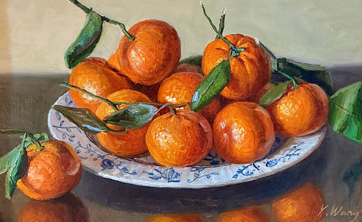 Youqing Wang Clementines in White and Blue Bowl Still Life Oil Painting In Gold Bamboo Frame