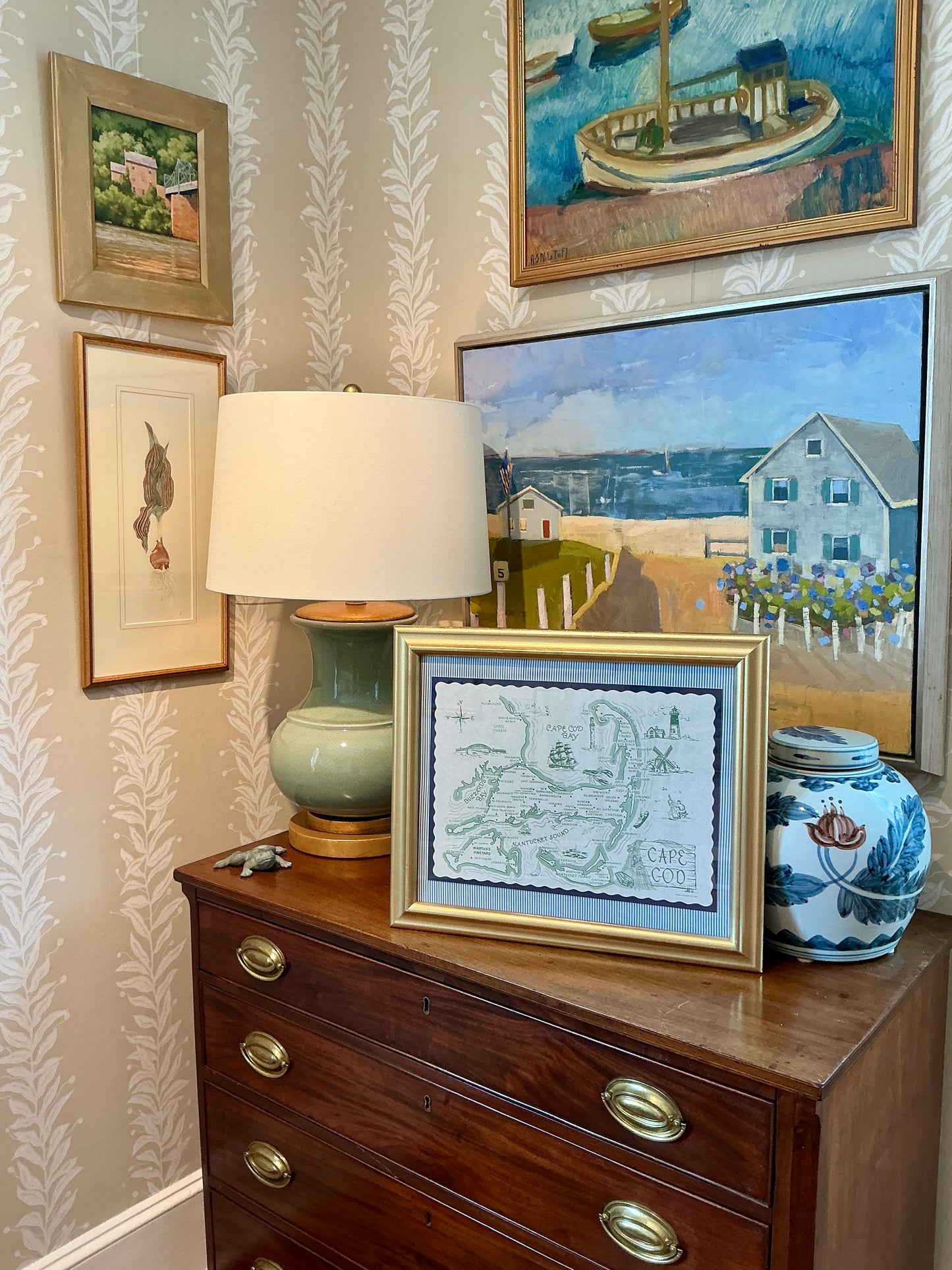 1962 Vintage Cape Cod Nantucket Martha's Vineyard Placemat Map on Blue Ticking Stripes in Gold Frame