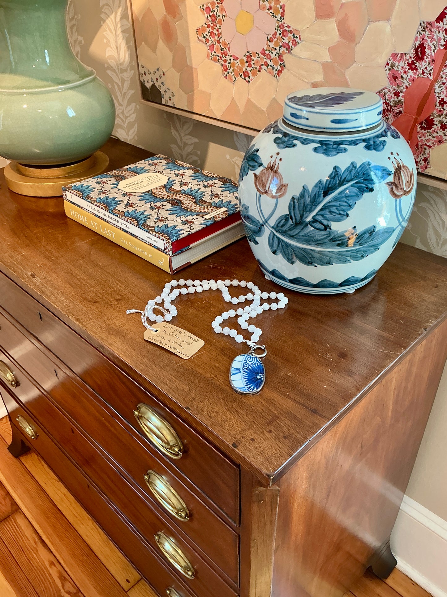 Chinoiserie Pottery Pendant White Quartz Beaded Hand Knotted Necklace
