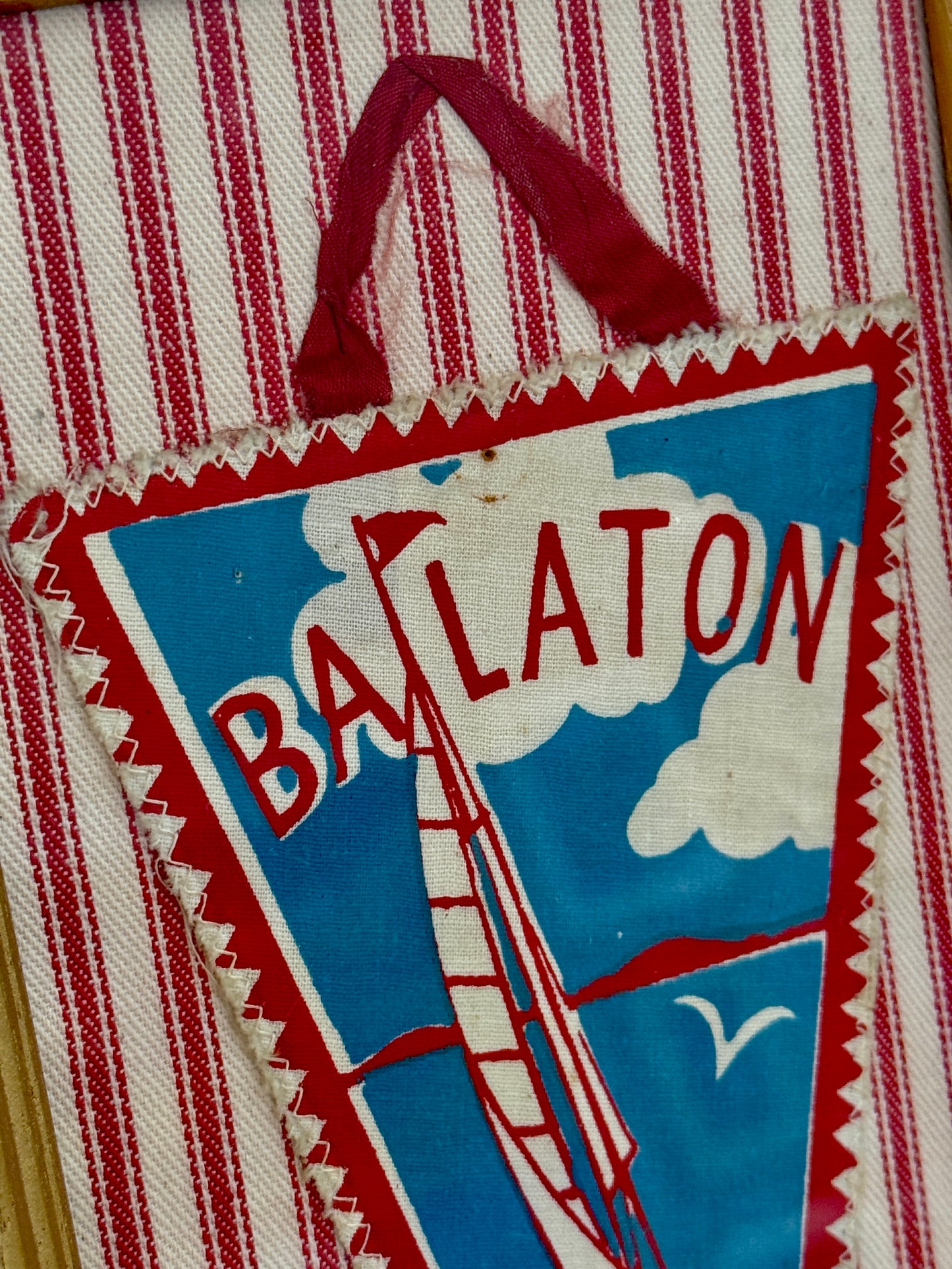 Vintage Mid Century Lake Balaton Pennant on Red Ticking Fabric in Gold Frame