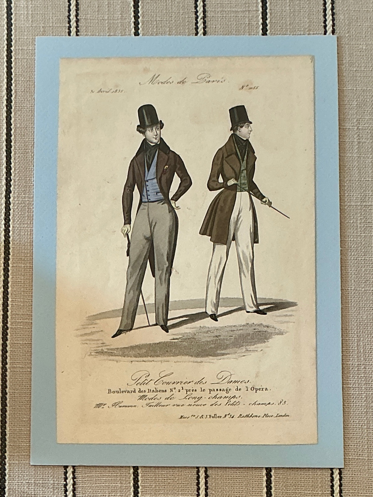 Early 19th Century Hand Colored Modes De Paris French Fashion Engraving on Taupe and Black Stripes in Gold Frame