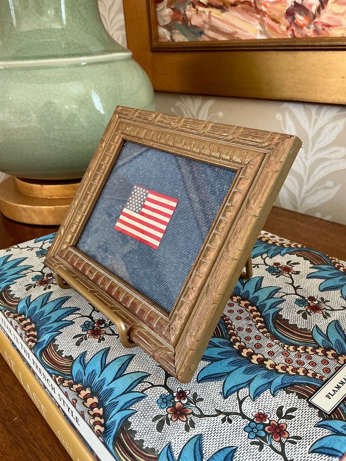 Antique Silk 36 Star American Flag on Blue Pique in Dark Gold Carved Frame