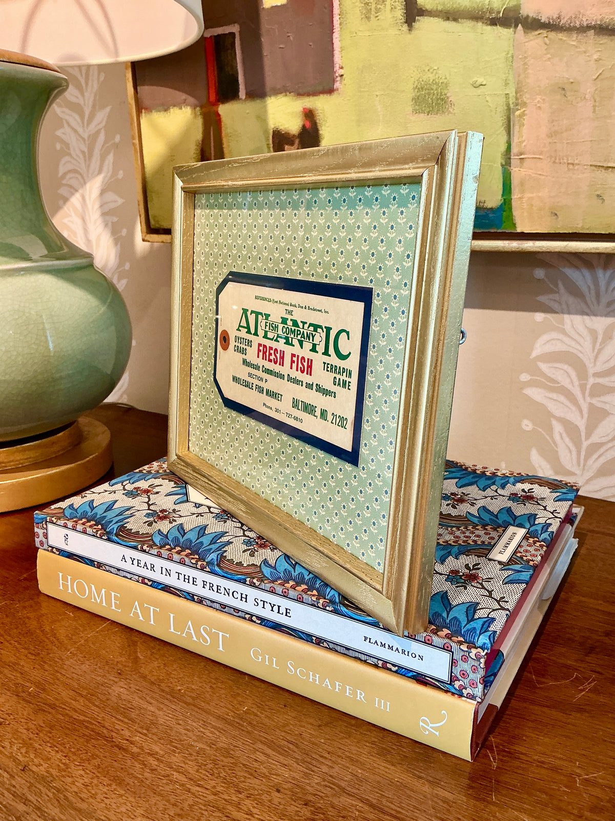 Vintage Fresh Fish Old Baltimore Maryland Fishmonger's Tag on Vintage Ditsy Floral Wallpaper in Gold Frame