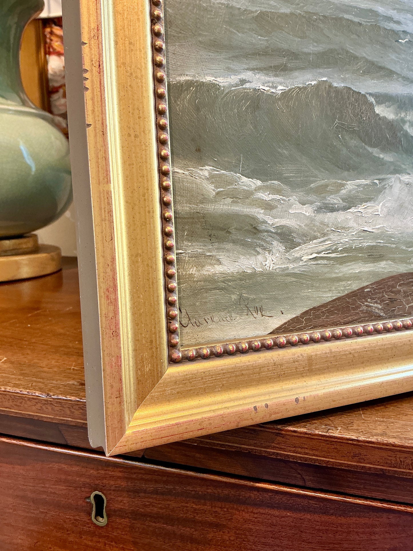 Clarence Henry Roe 19th Century Red Sail Sailboats in Seascape Oil Painting in Gold Frame