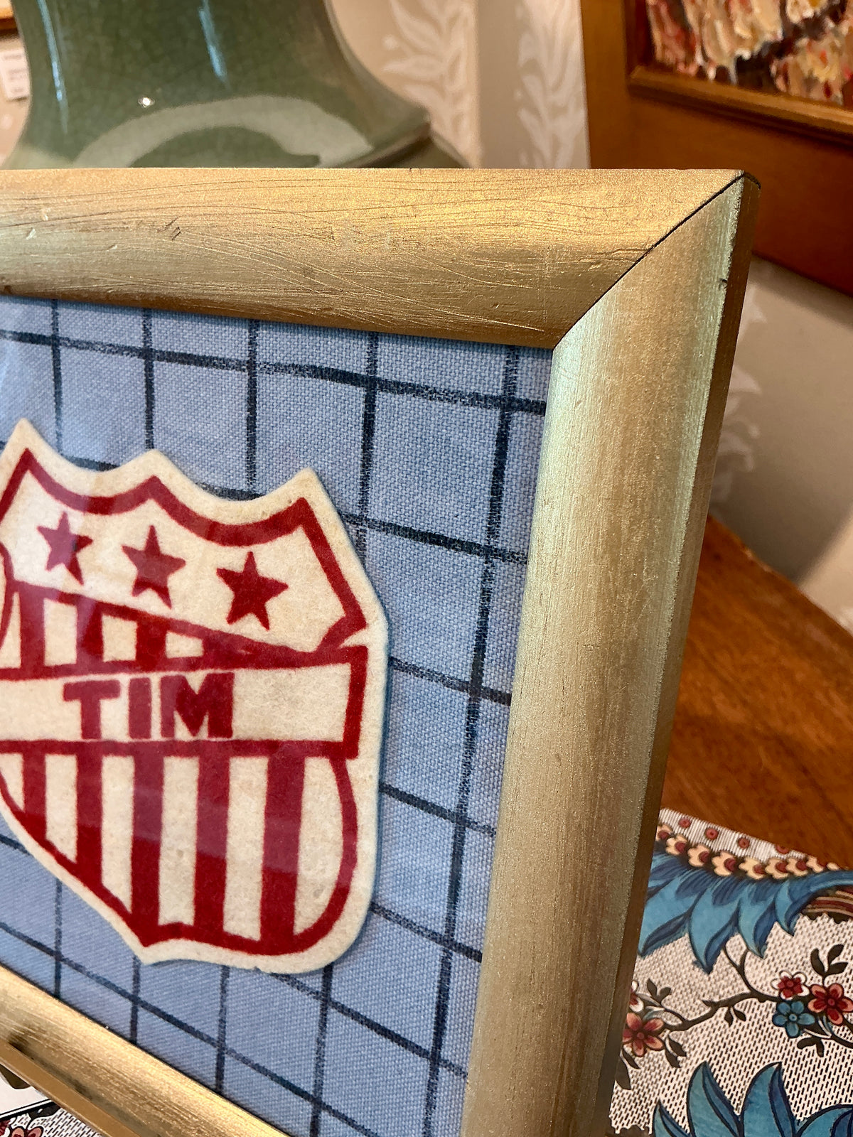 Vintage Varsity Jacket Tim Name Patch on Blue Windowpane in Gold Frame