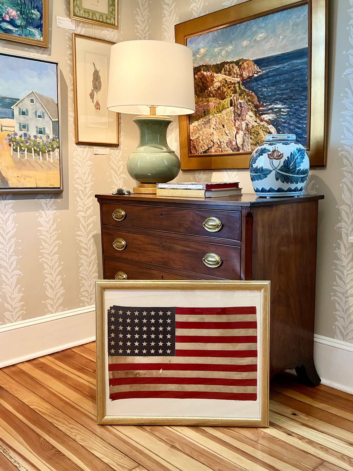Vintage 48 Star American Flag on Ivory Duck Cloth in Gold Frame