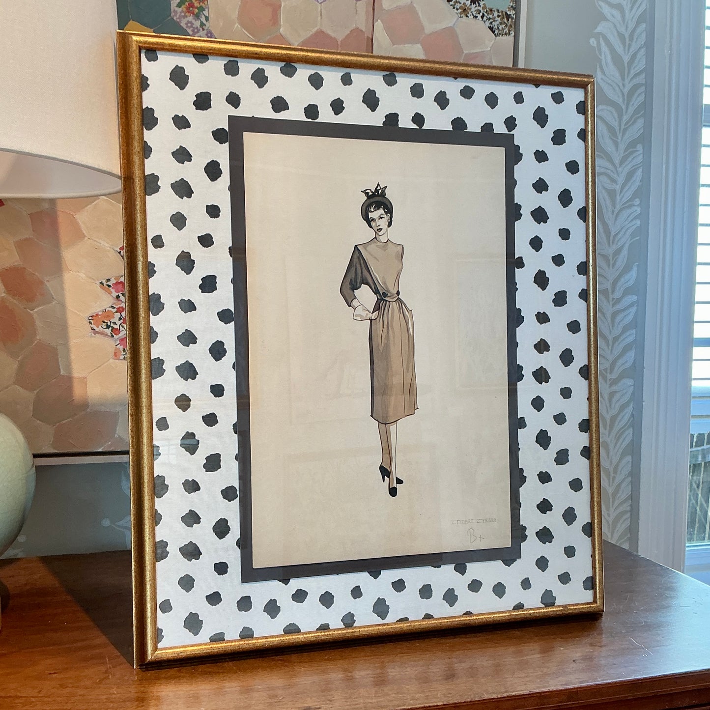 Catherine Figart Vogue Watercolor Fashion Illustration on Black and White Animal Print in Gold Frame